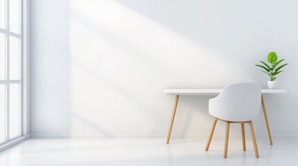 Fototapeta premium minimalist Scandinavian-style workroom with a clean white desk, modern chair