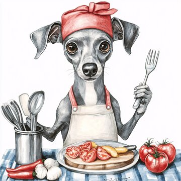 recommend clip art: Cute Italian Greyhound Chef with Vegetables and Kitchen Utensils
