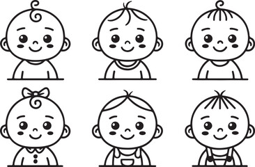 A set of cute baby line art icons with variant style vector and illustration design. Babies outline isolated on a white background.