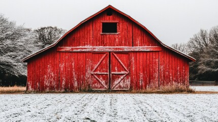 Rustic Red Barn in Snowy Field Under a Cloudy Sky With Bare Trees in Winter Season