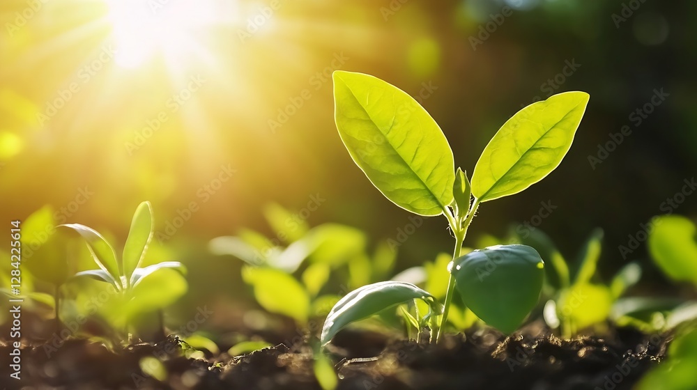 Poster sunlight dancing on fresh green leaves in a lush garden setting : generative ai