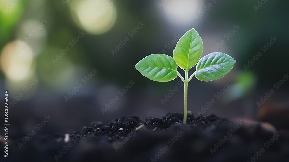 Poster fresh green seedling sprouting from dark soil symbolizing new beginnings and growth in nature : gene