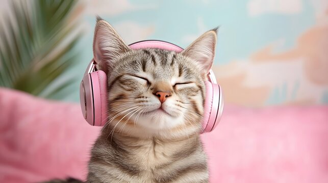 Adorable cat enjoying music with pink headphones in a cozy setting
