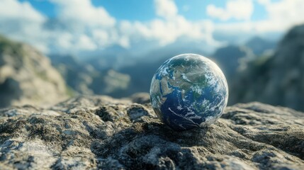 Realistic earth model on rocky terrain under blue sky and clouds