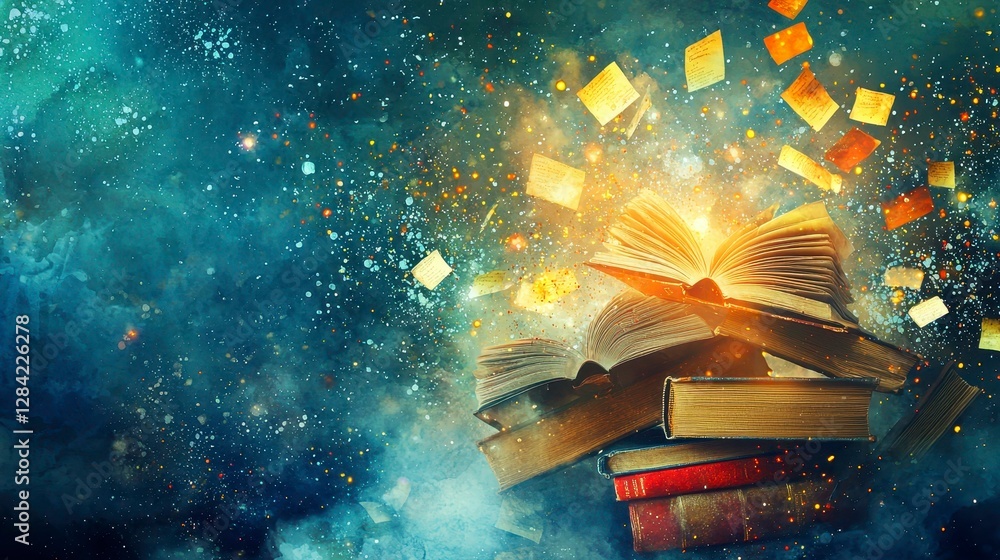 Poster open books floating amidst sparkles of knowledge and pages soaring in a celestial haze of learning