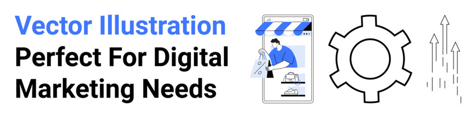 Online store app interface, gear icon for development, and upward arrows for growth. Ideal for digital business, e-commerce solutions, marketing, technology updates, SEO, process optimization flat