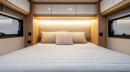 Spacious luxury motorhome bedroom with kingsize bed and ambient lighting, isolated