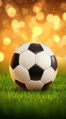 Obraz premium Soccer ball on grass, golden lights background, sports image, for website or social media use