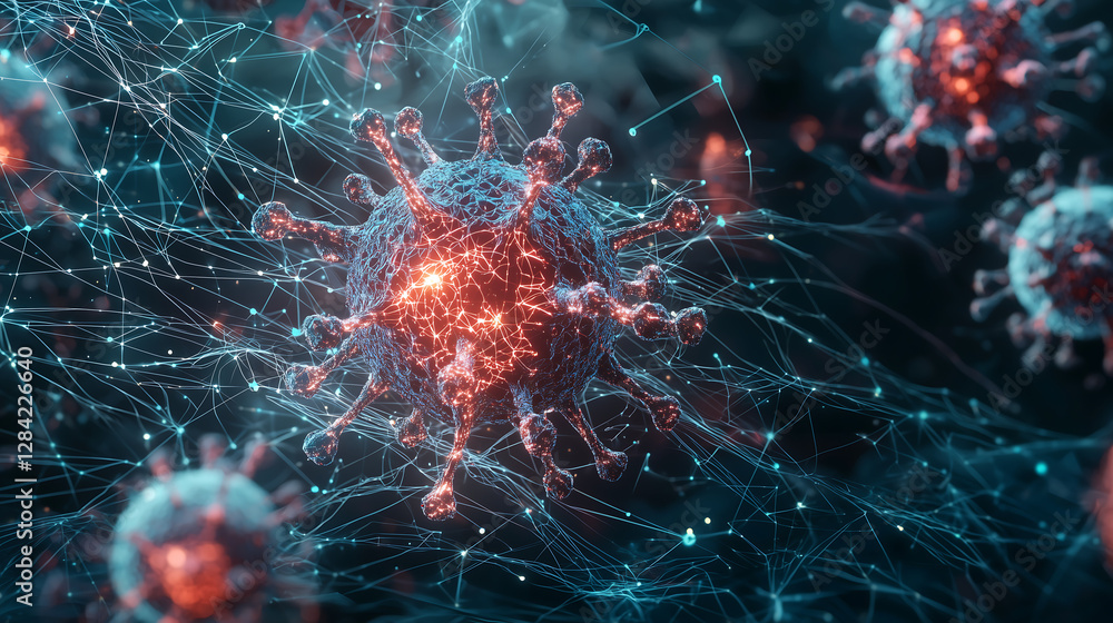 Poster microscopic view of a glowing virus particle with complex digital network connections symbolizing in
