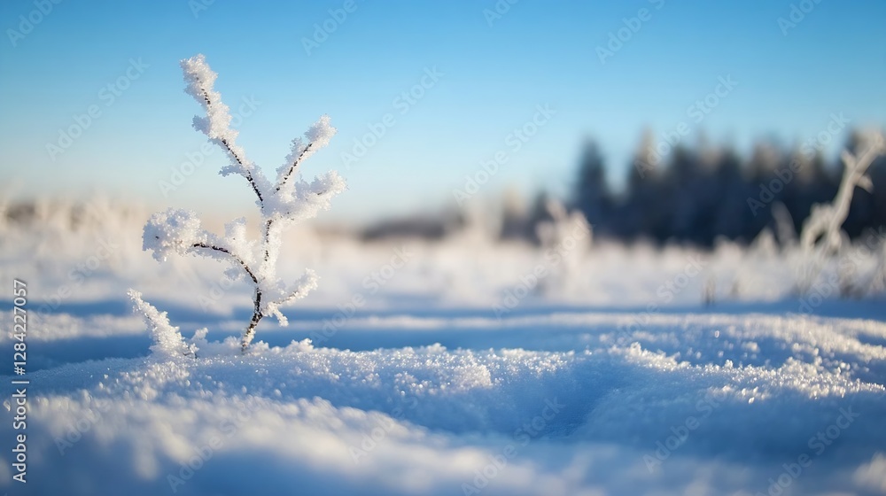 Poster frostcovered plant emerges from the snow creating a serene winter landscape with soft sunlight : gen
