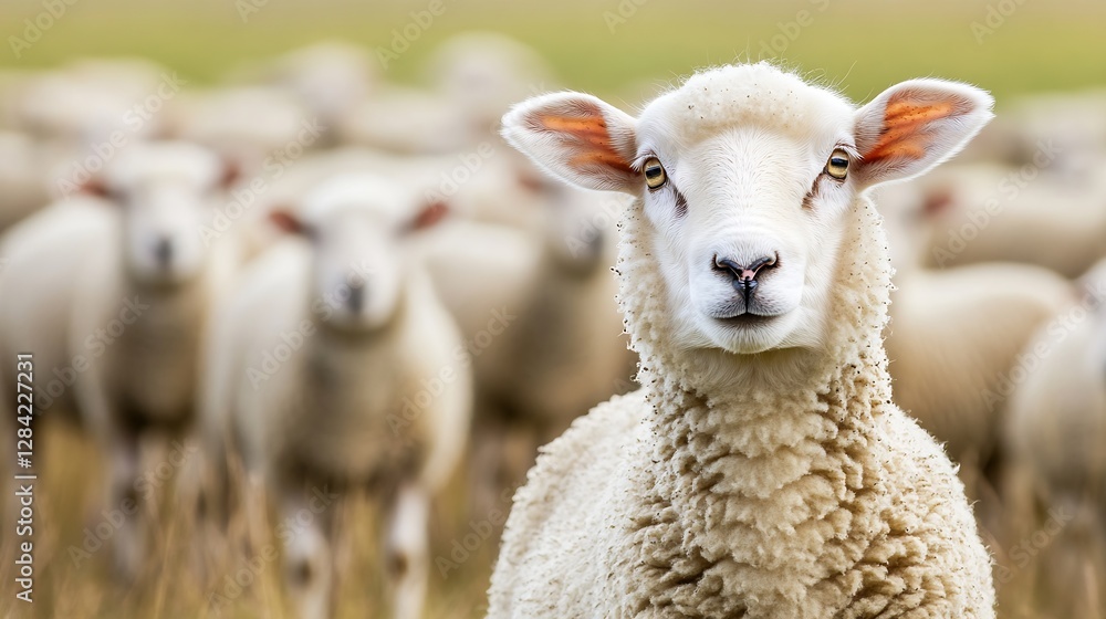 Poster Closeup of a sheep's face with distinctive features in a pastoral setting : Generative AI
