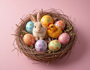 Easter chicken and bunny with colorfull eggs in the nest