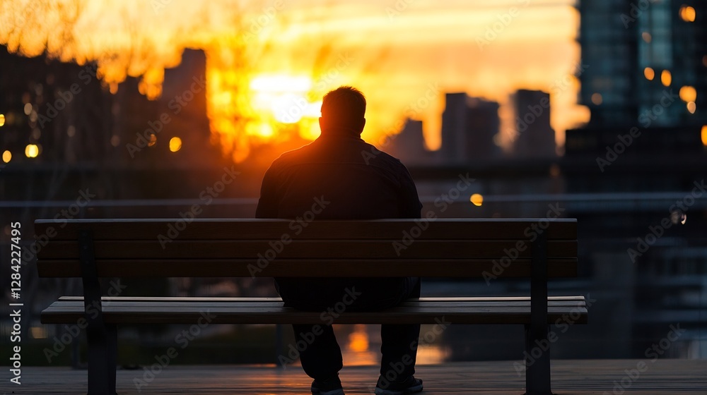 Aufkleber Silhouette of a man sitting on a bench during sunset showcasing solitude and reflection : Generative AI