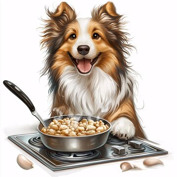 happy sheltie cooking food on stove clip art preview