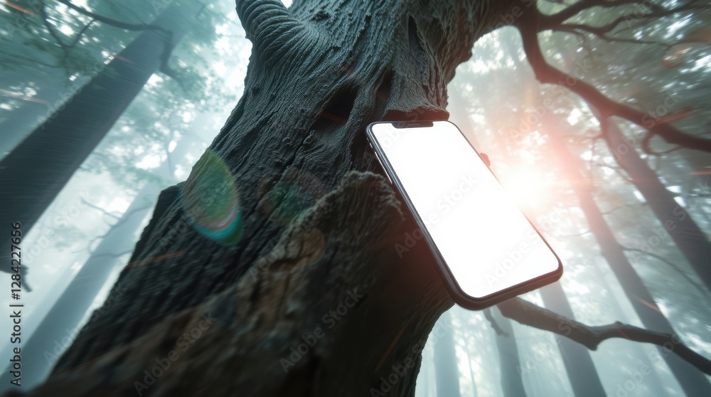 Poster device on a tree: a modern digital interface with a nature backdrop, blending technology with the fo
