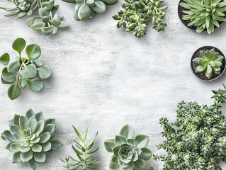 Plant frame. Light gray background with copy space. Natural taste. Botanical. Top view, 