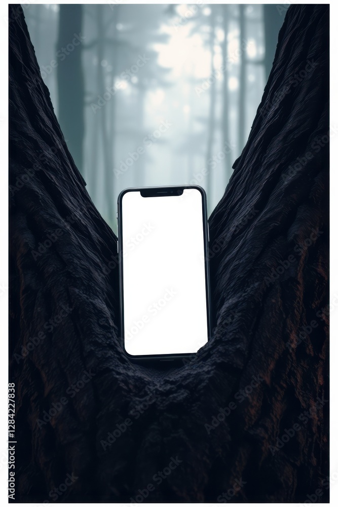 Poster smartphone with a blank screen nestled in a dark, textured tree trunk, creating a natural tech fusio