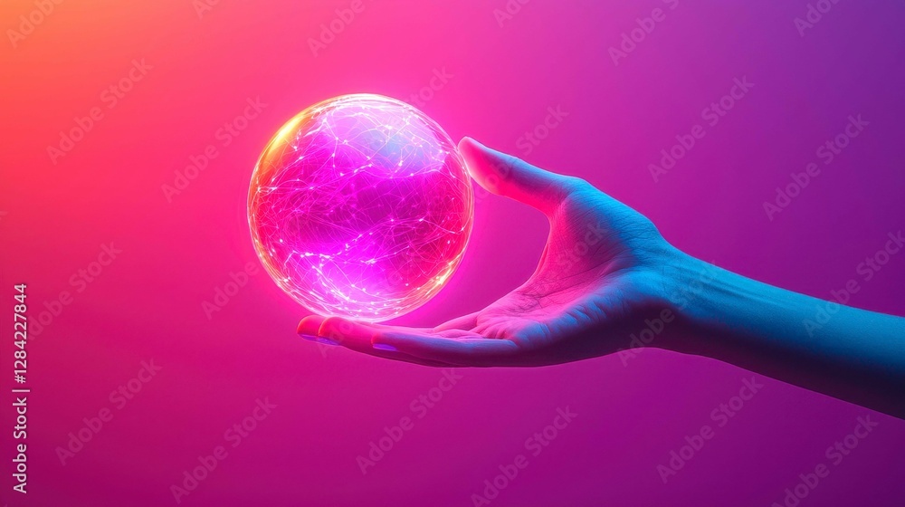 Aufkleber holding a glowing orb of digital network connection in palm of hand on a pink background
