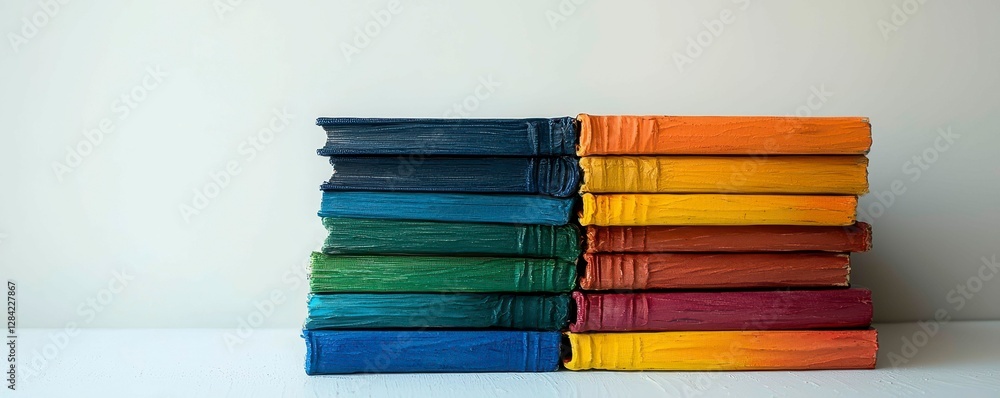 Poster harmonious stack of colorful books arranged in two opposing rainbow color order sets on tabletop