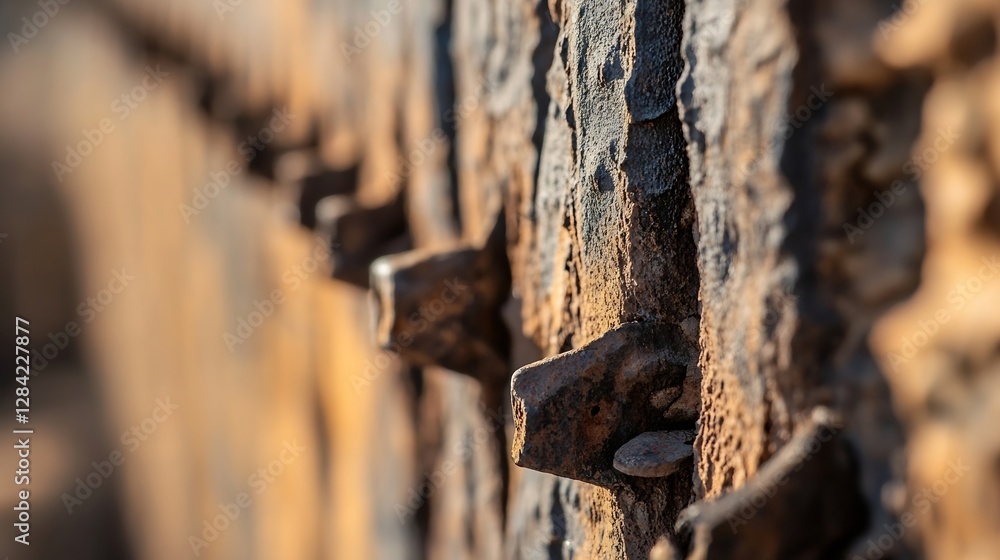 Poster Closeup of a weathered wooden fence with metal bolts creating a rustic and textured appearance : Generative AI