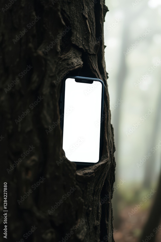Poster phone displaying a white screen embedded in the trunk of a tree within a misty forest landscape.