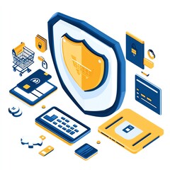 Cybersecurity in e-commerce, data protection shield, secure payment encryption, 3D illustration