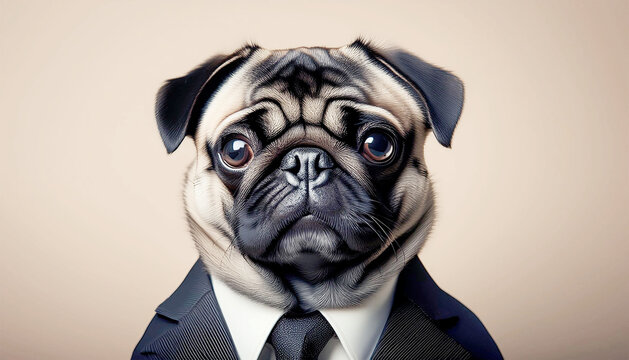 Portrait of a pug, dark suit, on a beige background, illustration.