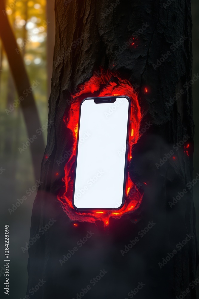 Aufkleber phone display embedded in tree with red light
