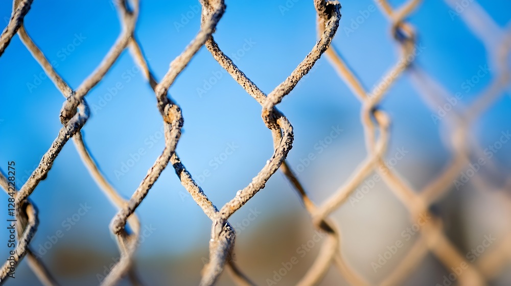 Aufkleber detailed closeup of rusty chain link fence with a clear blue sky background : generative ai
