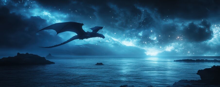 Majestic dragon soars over moonlit ocean under starry night sky