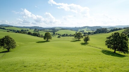 Obraz premium Rolling green hills, sunny day, scenic valley view, pastoral landscape