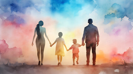 Fototapeta premium Watercolor family silhouette background in soft pastel colors, depicting a family holding hands in a heartwarming scene, joyful and loving atmosphere, with copy space 