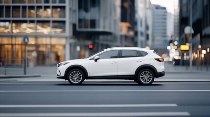 Sleek white SUV driving through a modern city landscape with urban architecture in the background : Generative AI