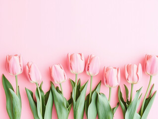 Fototapeta premium Beautiful spring flowers. Bouquet of pink tulips flowers on pastel pink background. Valentine's Day, Easter, Birthday, Happy Women's Day, Mother's Day. Flat lay, top view, copy space