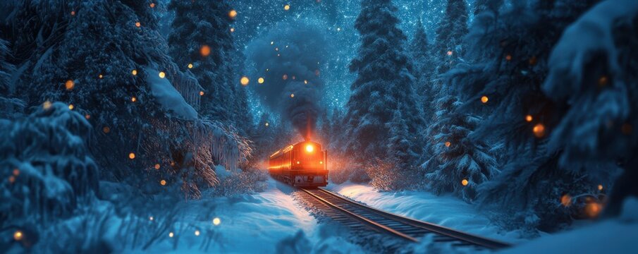 Illuminated train journey through snowy enchanted forest at night