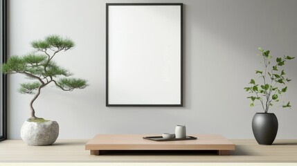 Fototapeta premium Minimalist interior design featuring a bonsai tree and a decorative plant on a wooden table