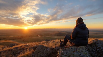 Breathtaking sunset view from rocky hilltop overlooking expansive valley landscape : Generative AI