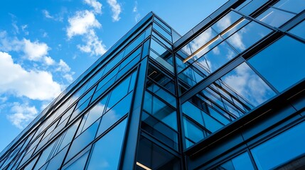 Obraz premium Modern architectural design of a glass building reflecting clouds and blue sky in a vibrant urban setting : Generative AI