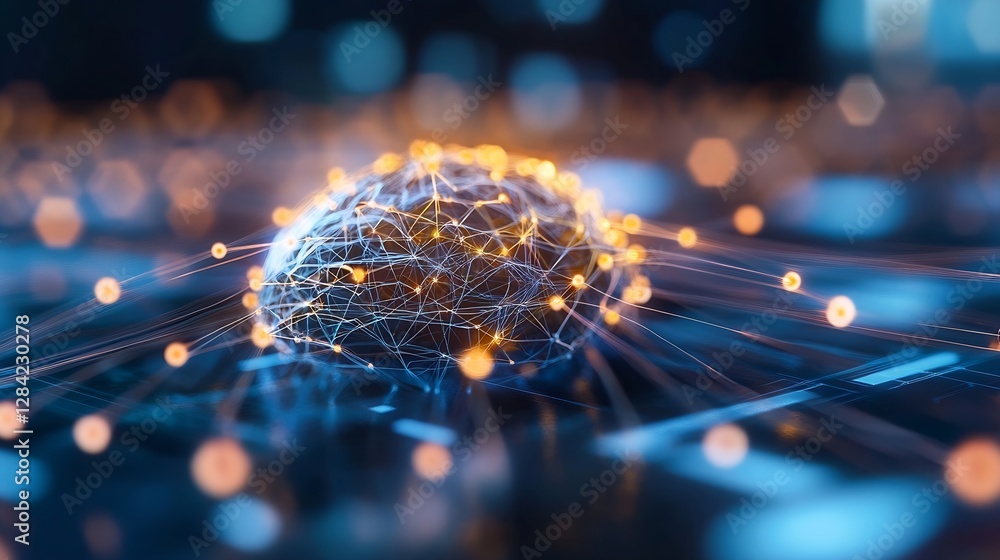 Poster Digital representation of a brain connected with glowing nodes illustrating the concept of technology and intelligence : Generative AI