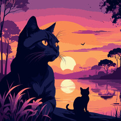 a silhouette of a cat sitting and looking at a sunset