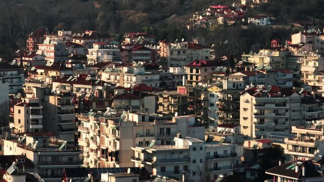 A revealing shot of the city of Edessa while watching the waterfalls