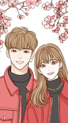 Cartoon couple portrait under cherry blossoms. Possible use Social media post