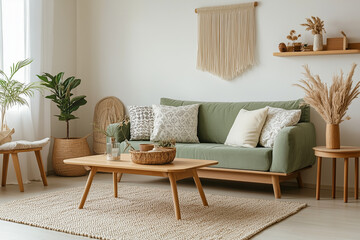 Scandinavian interior design of modern living room.with green sofa