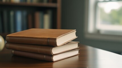 Fototapeta premium Stacked leather-bound book on a wooden table in a cozy study with sunlight streaming in