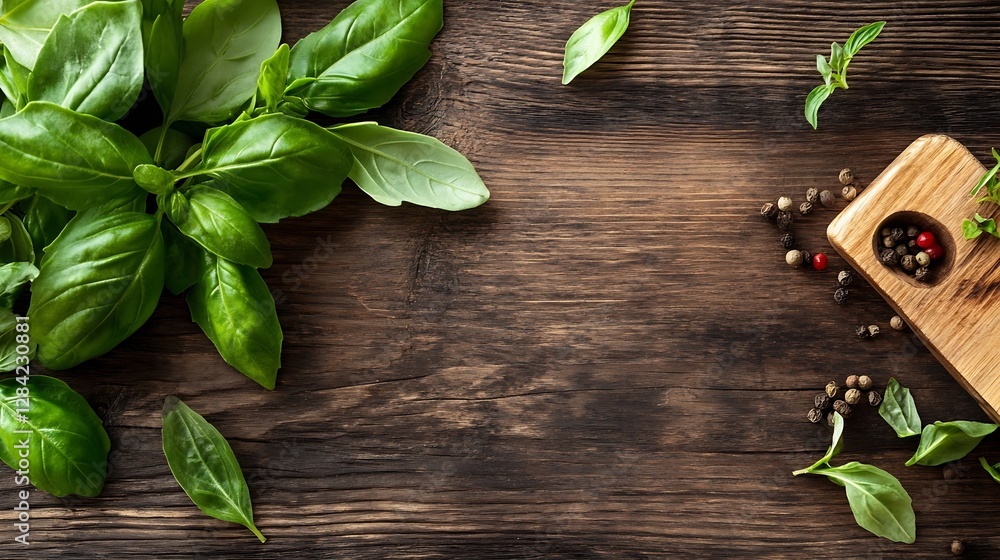 Poster fresh basil leaves and colorful spices arranged artfully on a rustic wooden surface : generative ai