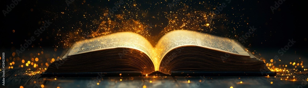 Poster enigmatic tome unveiling secrets glowing magic light open book sparkling particles mystical pages