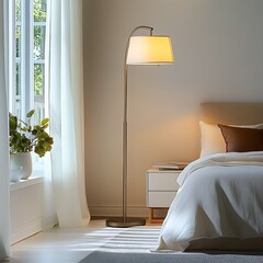 there is a bed with a white comforter and a lamp on it