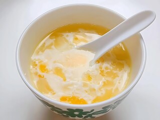 there is a bowl of soup with a spoon in it