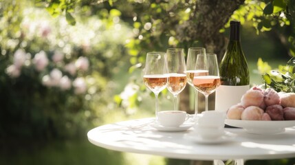 Moderate drinking at a peaceful garden party with afternoon tea. Featuring elegance and tranquility