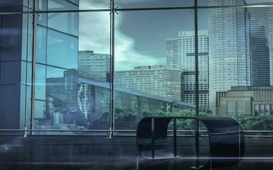Modern empty office interior. Empty room Interior Downtown City Skyline Buildings from High Rise Window. Beautiful Expensive Real Estate overlooking. Day time. 3d rendering.